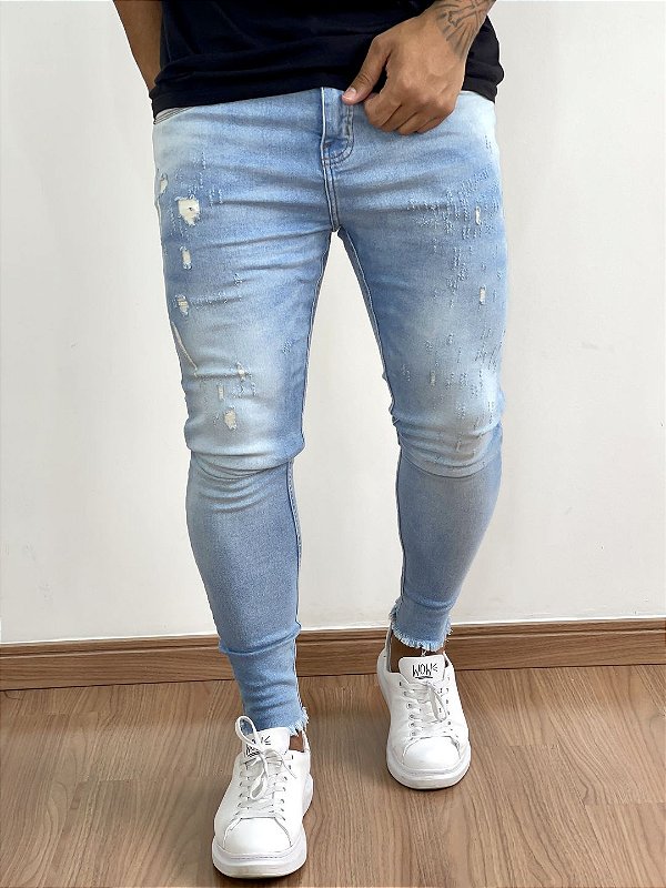 Calça Jeans Masculina Super Skinny Clara Com Puídos Premium