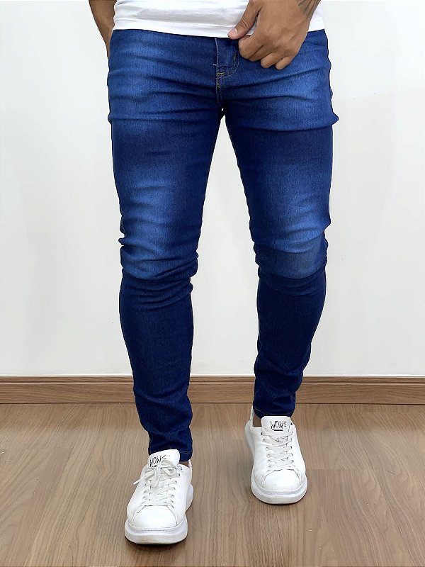 Calça Jeans Masculina Super Skinny Escura Básica Sem Rasgo