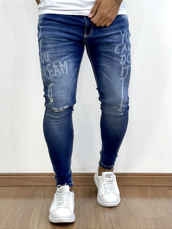 Calça Jeans Masculina Super Skinny Escura Destroyed You Can Do