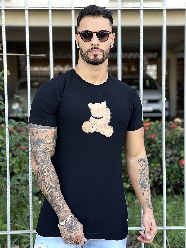 Camiseta Longline Masculina Preta Bear Touch %