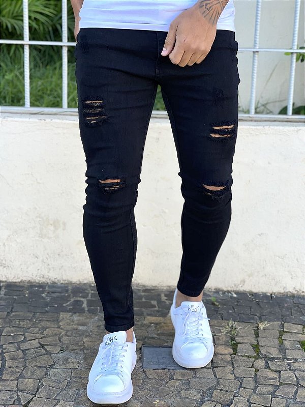 Calça Jeans Masculina Super Skinny Preta Destroed Total