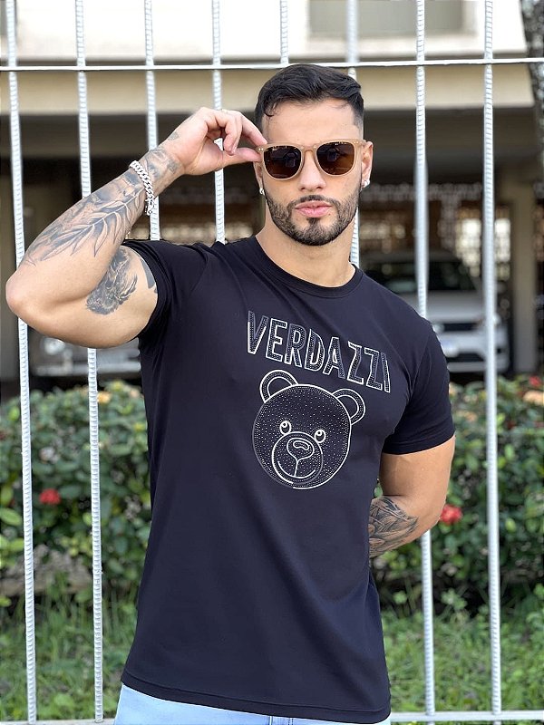 Camiseta Longline Masculina Preta Urso Black Strass