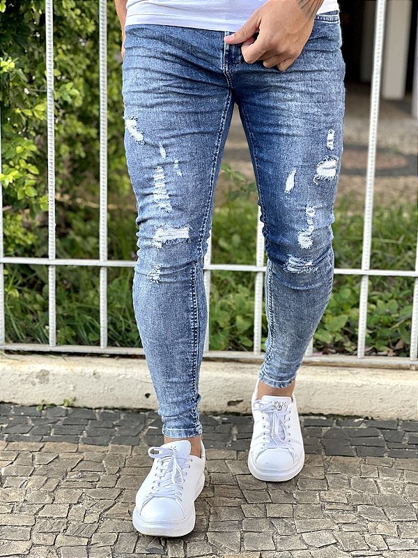Calça Jeans Masculina Super Skinny Média Texturizada Destroyed Premium