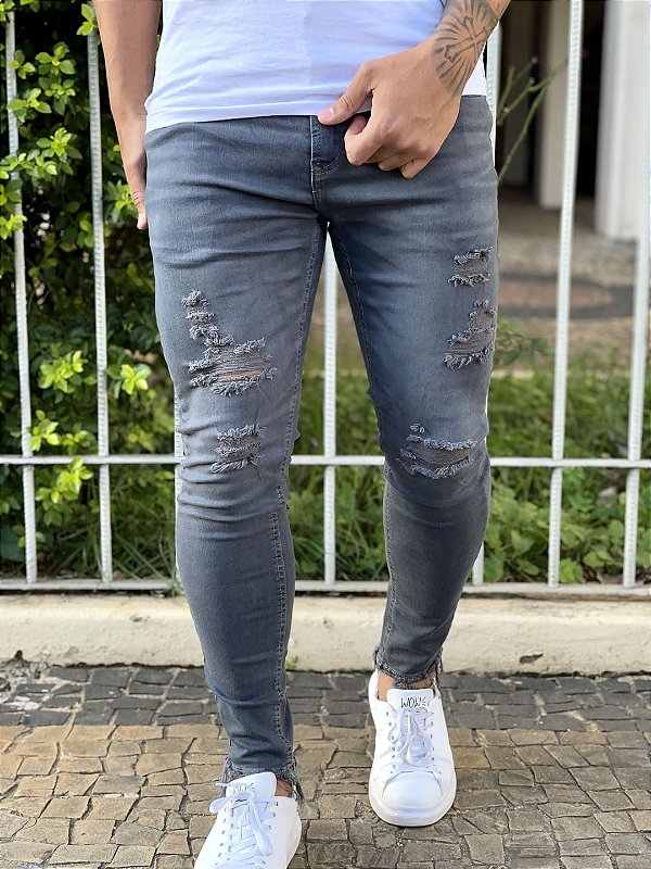 Calça Jeans Masculina Super Skinny  Cinza Escura Destroyed Premium