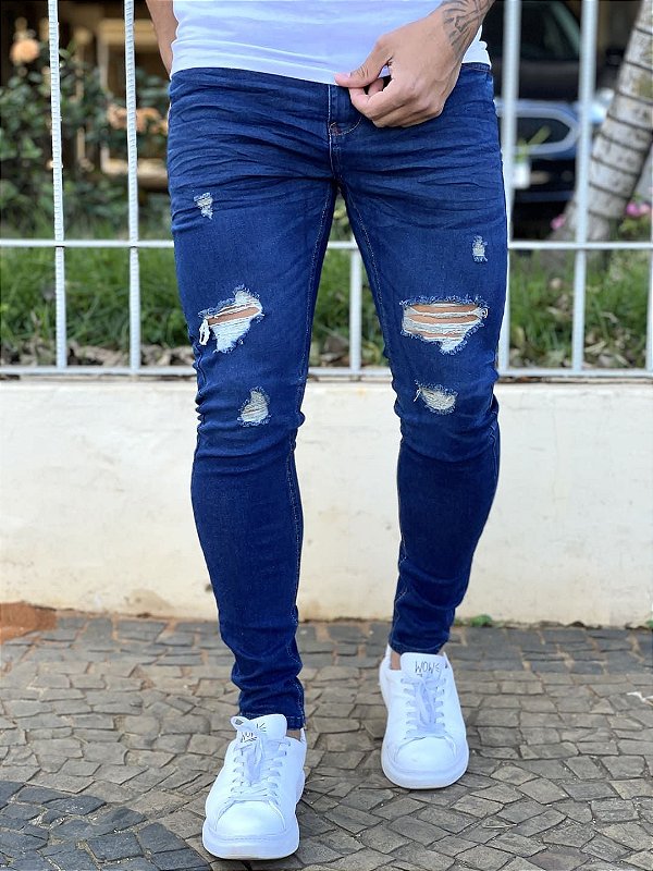 Calça Jeans Masculina Super Skinny Escura Destroyed Dark
