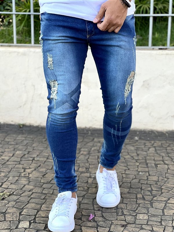 Calça Jeans Masculina Super Skinny Escura Destroyed X Laser