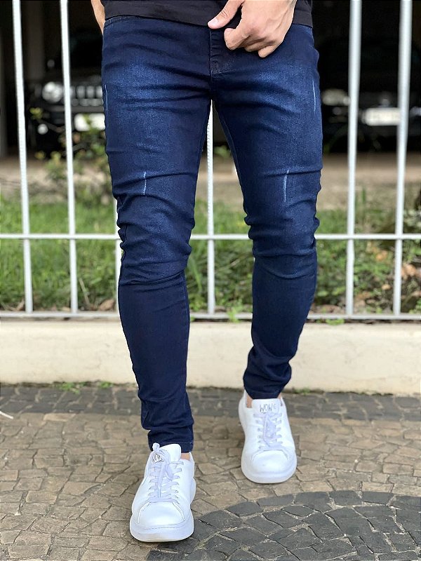 Calça Jeans Masculina Super Skinny Escura Puídos Leve Básica %
