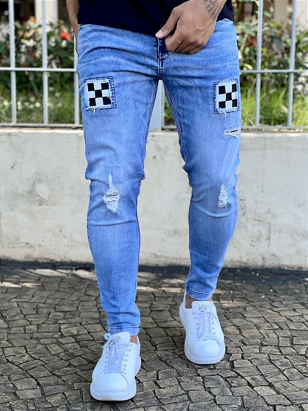 Calça Jeans Masculina Super Skinny Escura Destroyed Forro Xadrez