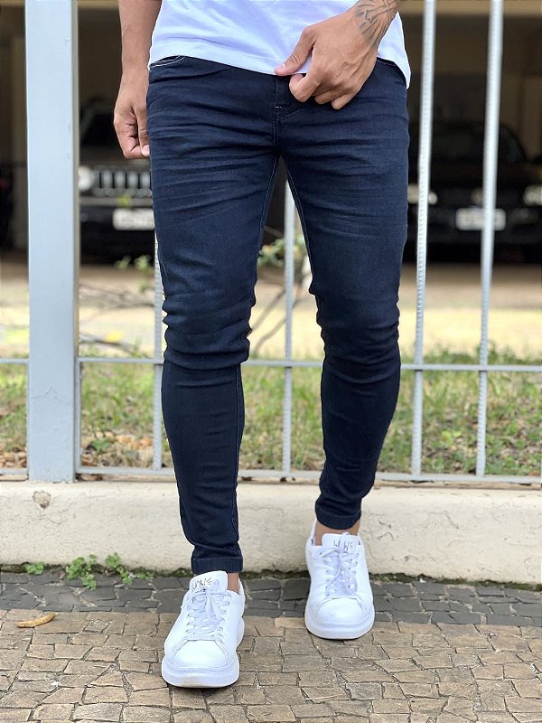Calça Jeans Masculina Super Skinny Black Básica Sem Rasgo
