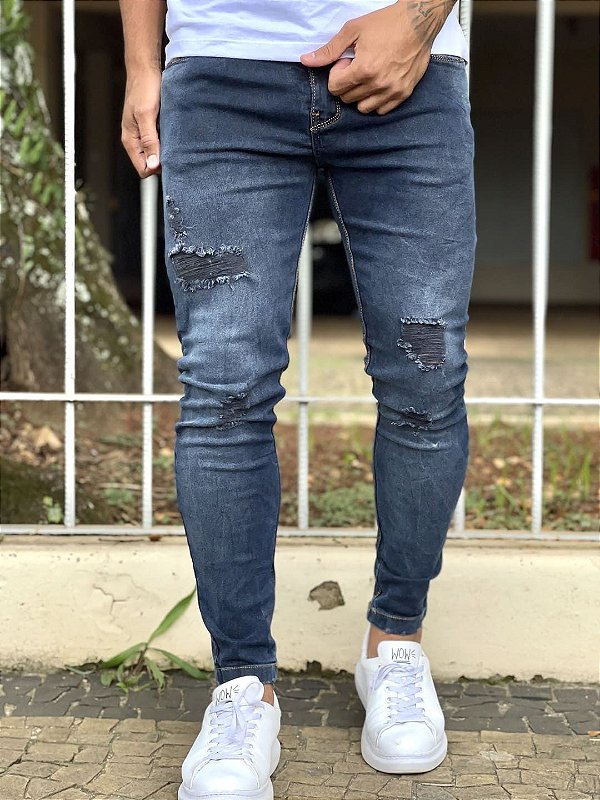 Calça Jeans Masculina Super Skinny Escura Destroyed Mônaco