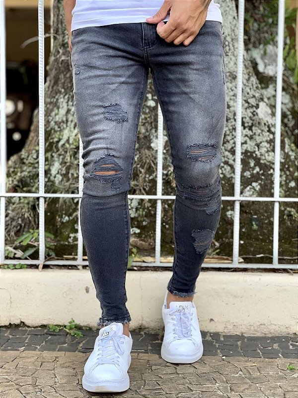 Calça Jeans Masculina Super Skinny Black Lavada Destroyed Vip