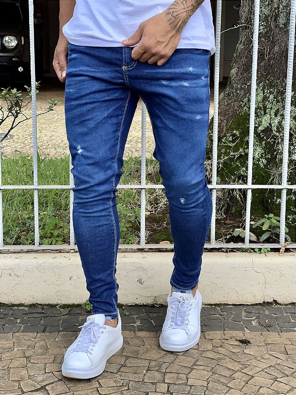 Calça Jeans Masculina Super Skinny Escura Básica Com Puídos