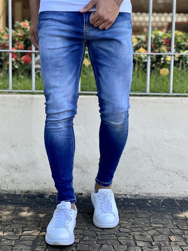 Calça Jeans Masculina Super Skinny Escura Básica Sem Rasgo Details