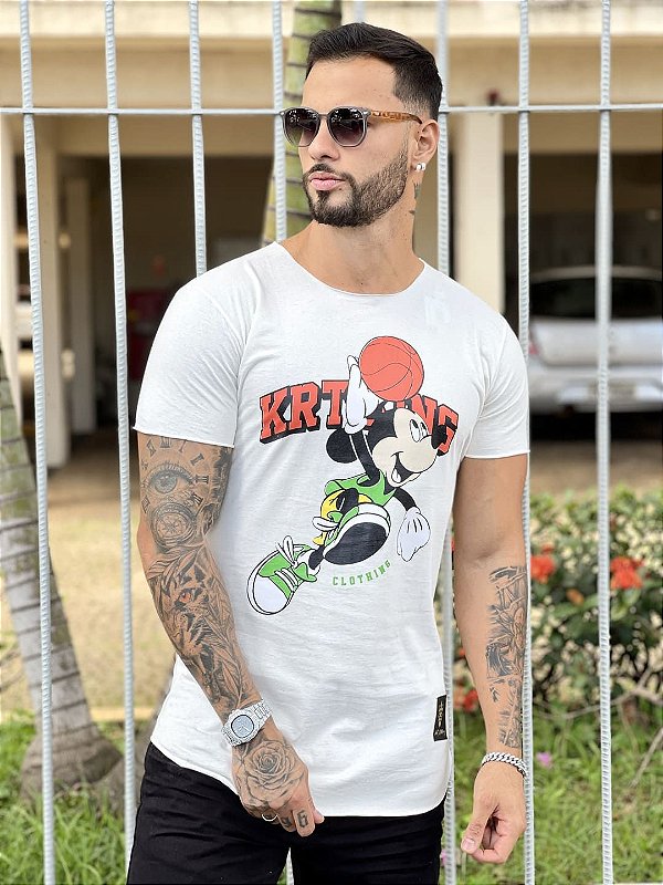 Camiseta Longline Masculina Off White Mickey Basket #