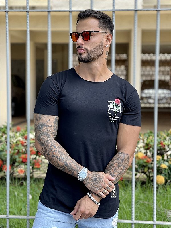 Camiseta Longline Masculina Preta Rose California #