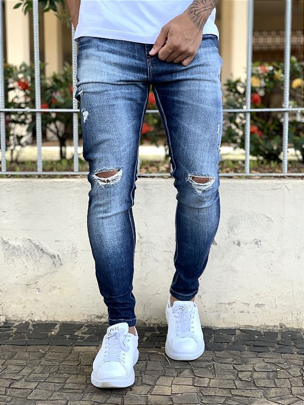 Calça Jeans Masculina Super Skinny Escura Destroyed Details