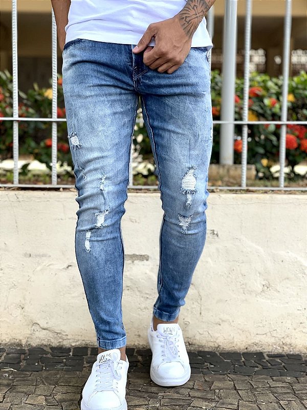 Calça Jeans Masculina Super Skinny Média Lavada Destroyed Monaco