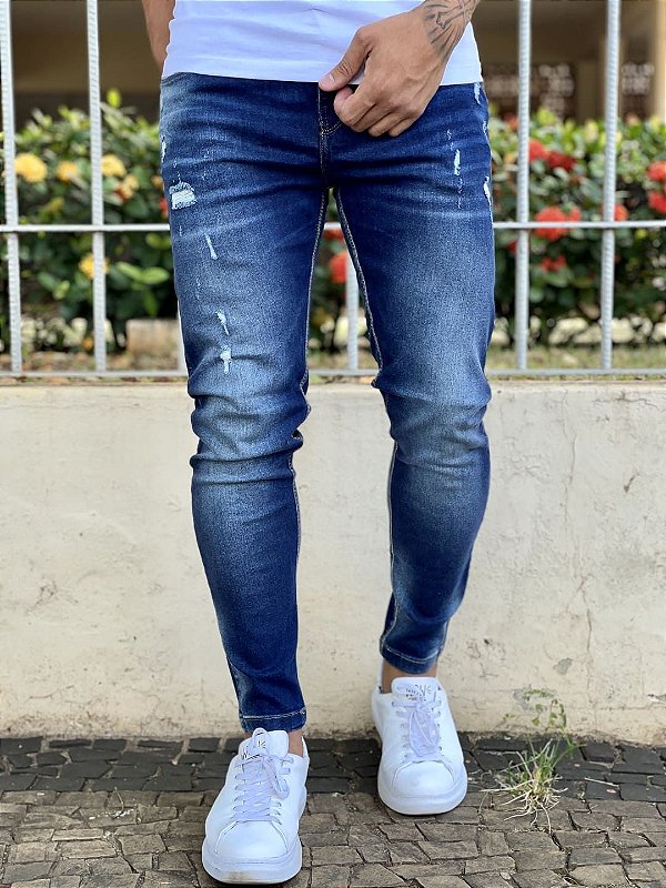 Calça Jeans Masculina Super Skinny Escura Destroyed Leves
