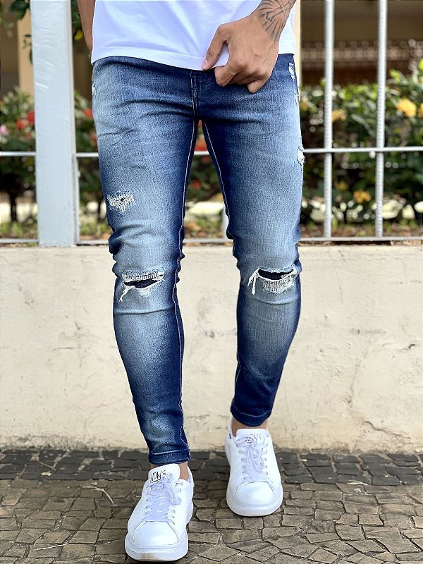 Calça Jeans Masculina Super Skinny Escura Com Forro