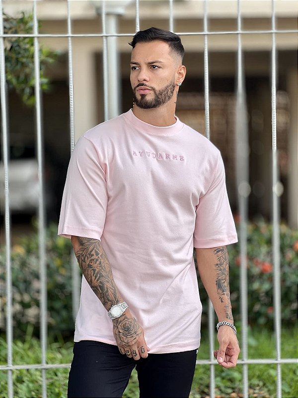 Camiseta Oversized Masculina Rosa Claro Escritas Básic