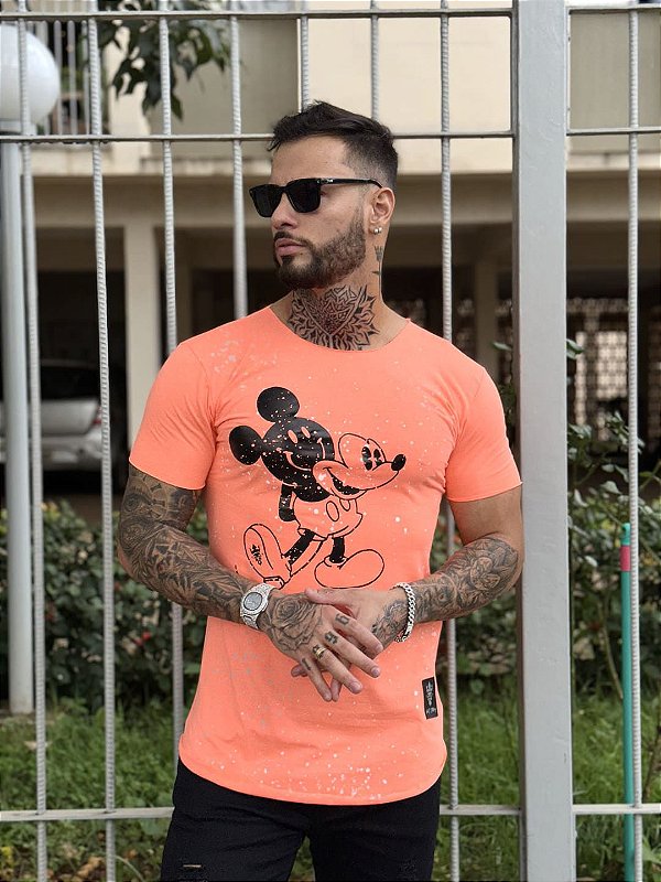 Camiseta Longline Masculina Laranja Neon Mickey Respingo #