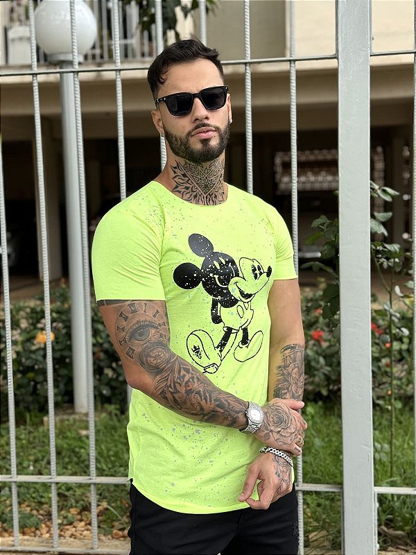 Camiseta Longline Masculina Verde Neon Mickey Respingo #