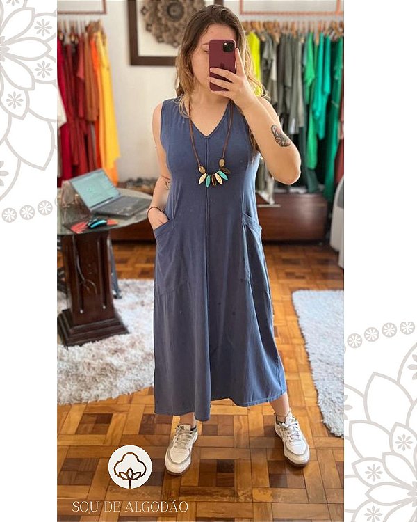 Vestido Caraiva Azul Stone 100% Algodão