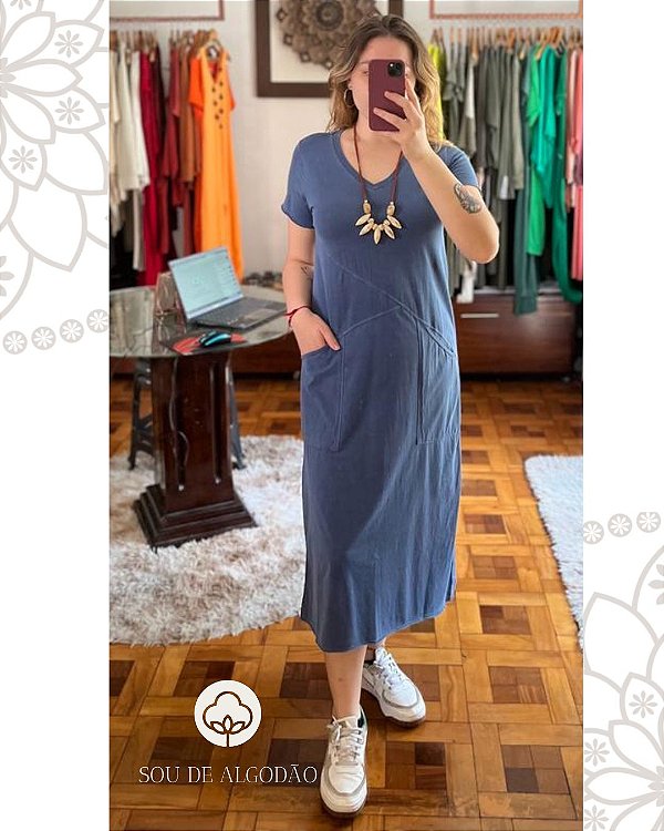 Vestido Sampa- Azul Stone- 100% Algodão