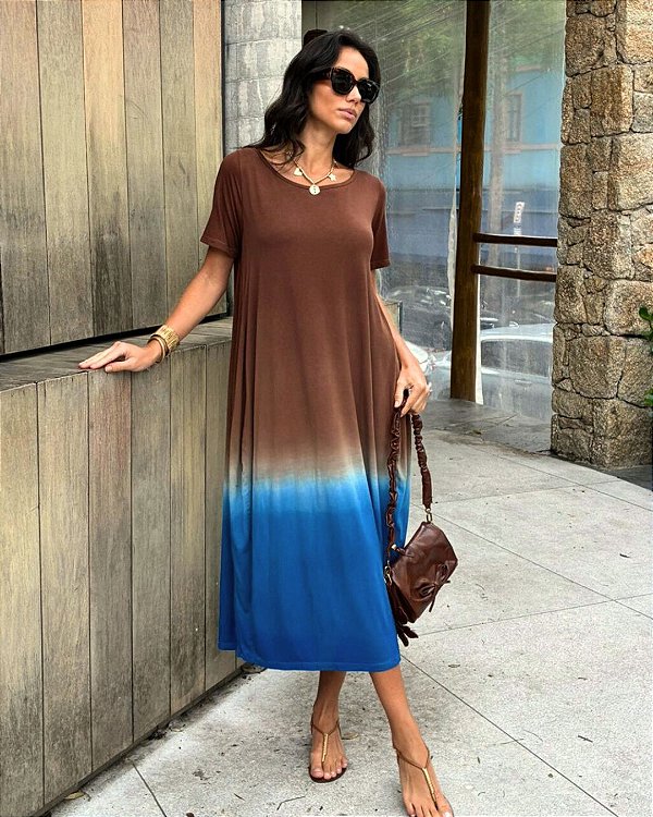 Vestido Barcelona Cacau e Azul Tie Dye