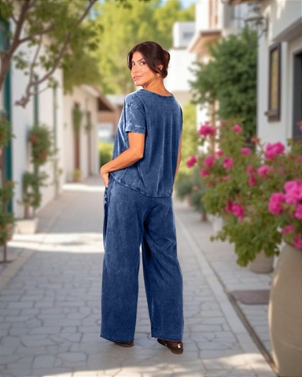 Calça Pantalona Coqueiro Azul Stone 100% Algodão