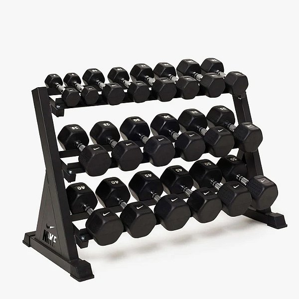 Conjunto Nike Dumbbell Sextavados Cromados 5-50lb (pares) + Expositor Rack