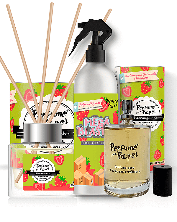 MORANGUINHO - COMBO COMPLETO - Perfume para Artesanato e Papelaria 100 ml + Mega Blaster 250 ml + Difusor de Varetas 250 ml - Perfume para Papel