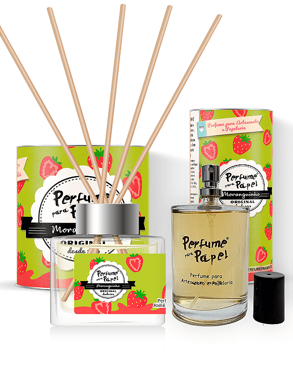 MORANGUINHO - COMBO PERFEITO - Perfume para Artesanato e Papelaria 100 ml + Difusor de Varetas 250 ml - Perfume para Papel