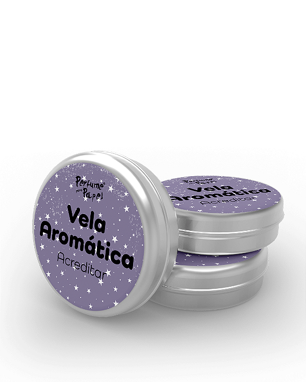 ACREDITAR - 50 Mini vela latinha 20g com caixa de presente (Personalizavel) - Perfume para Papel