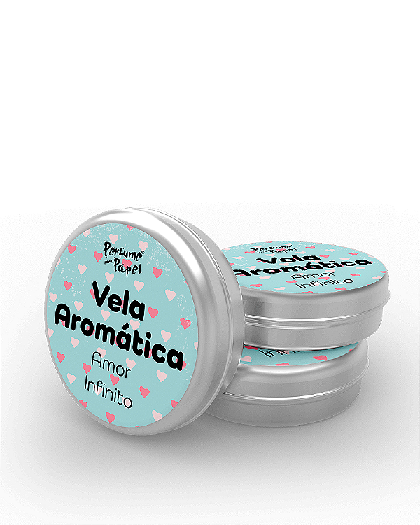 AMOR INFINITO - 50 Mini vela latinha 20g com caixa de presente (Personalizavel) - Perfume para Papel