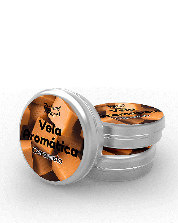 CARAMELO - 50 Mini vela latinha 20g com caixa de presente (Personalizavel) - Perfume para Papel