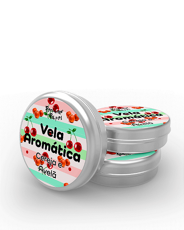 CEREJA E AVELÃ - 50 Mini vela latinha 20g com caixa de presente (Personalizavel) - Perfume para Papel