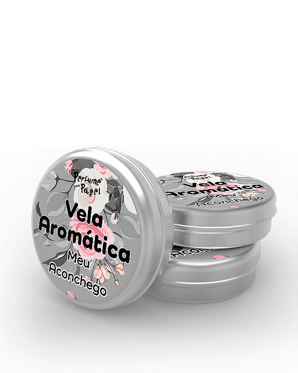 MEU ACONCHEGO - 50 Mini vela latinha 20g com caixa de presente (Personalizavel) - Perfume para Papel