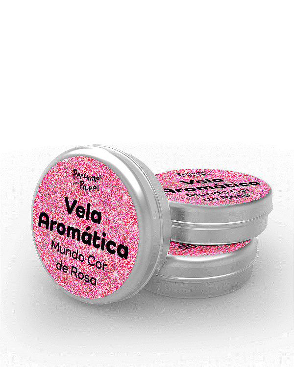 MUNDO COR DE ROSA - 50 Mini vela latinha 20g com caixa de presente (Personalizavel) - Perfume para Papel
