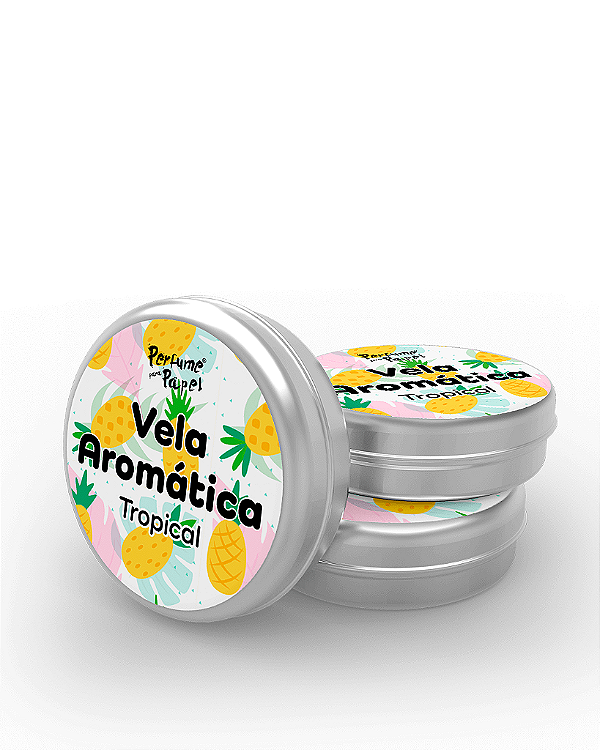 TROPICAL - 50 Mini vela latinha 20g com caixa de presente (Personalizavel) - Perfume para Papel
