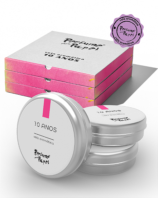 Edição 10 ANOS - 50 Mini vela latinha 20g com caixa de presente (Personalizavel) - Perfume para Papel