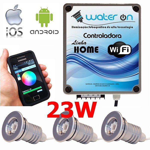 Kit Iluminação Piscina 3 Refletores 23w Led + Controle Wifi SMART