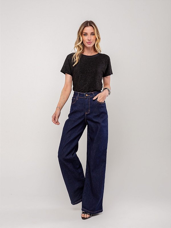 Calça Wideleg Jeans Escuro com Elastano - Black Jeans - 24981
