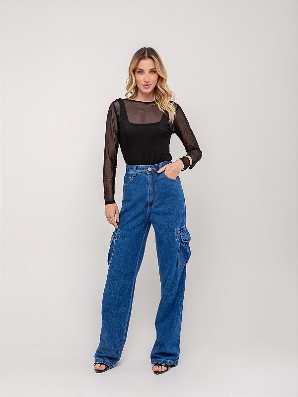 Calça Wideleg Cargo Jeans Médio - Black Jeans - 25466