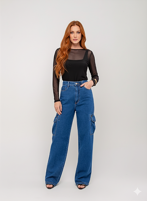 Calça Wideleg Cargo Jeans Médio - Black Jeans - 25466