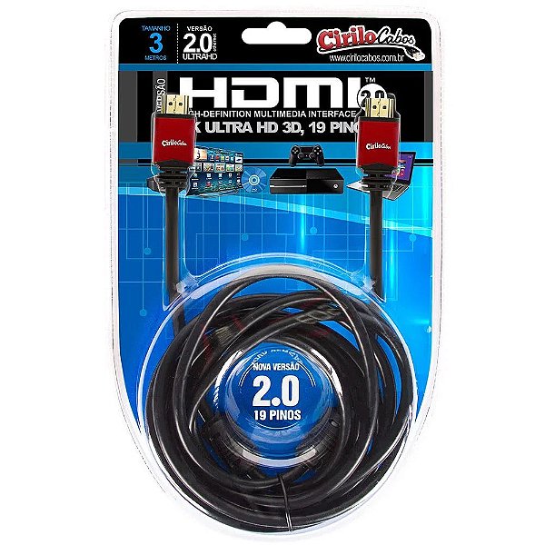 Cabo HDMI 2.0 19 Pinos 4K Ultra HD 3D - 3 Metros