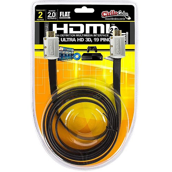 Cabo HDMI 2.0 FLAT Desmontável 19 Pinos 4K Ultra HD 3D - 2 Metros