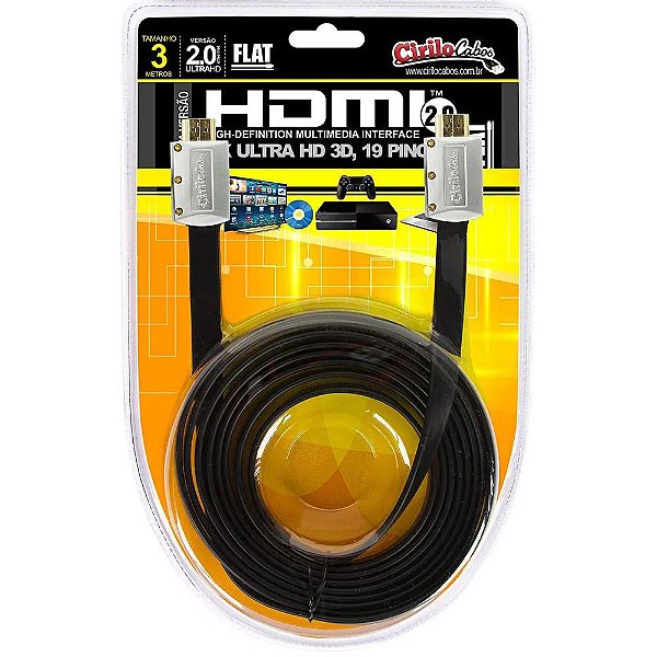 Cabo HDMI 2.0 FLAT Desmontável 19 Pinos 4K Ultra HD 3D - 3 Metros