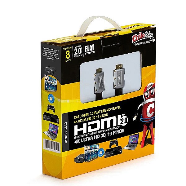 Cabo HDMI 2.0 FLAT Desmontável 19 Pinos 4K, Ultra HD 3D - 8 Metros