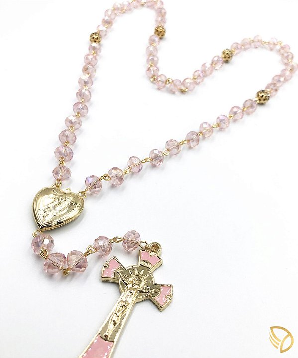 Terço com Cristal Rosa e Pai nosso Zirconia - Linha Camila Holanda